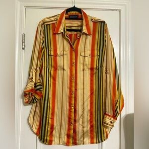 Jones New York women's 1X button front stripe blouse with enamel buttons EUC